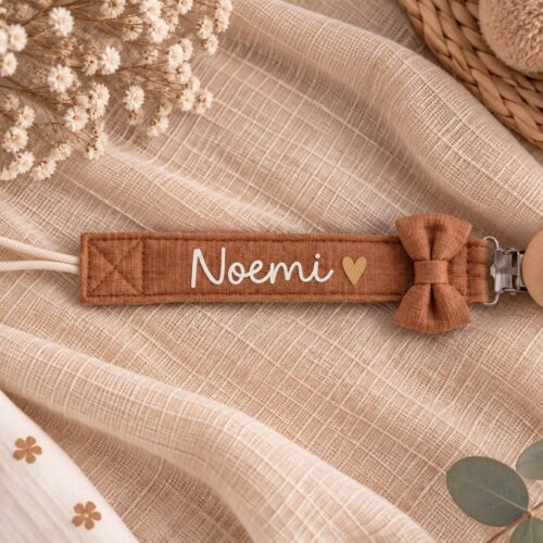 Portaciuccio con fiocco color nocciola personalizzato con il nome Noemi